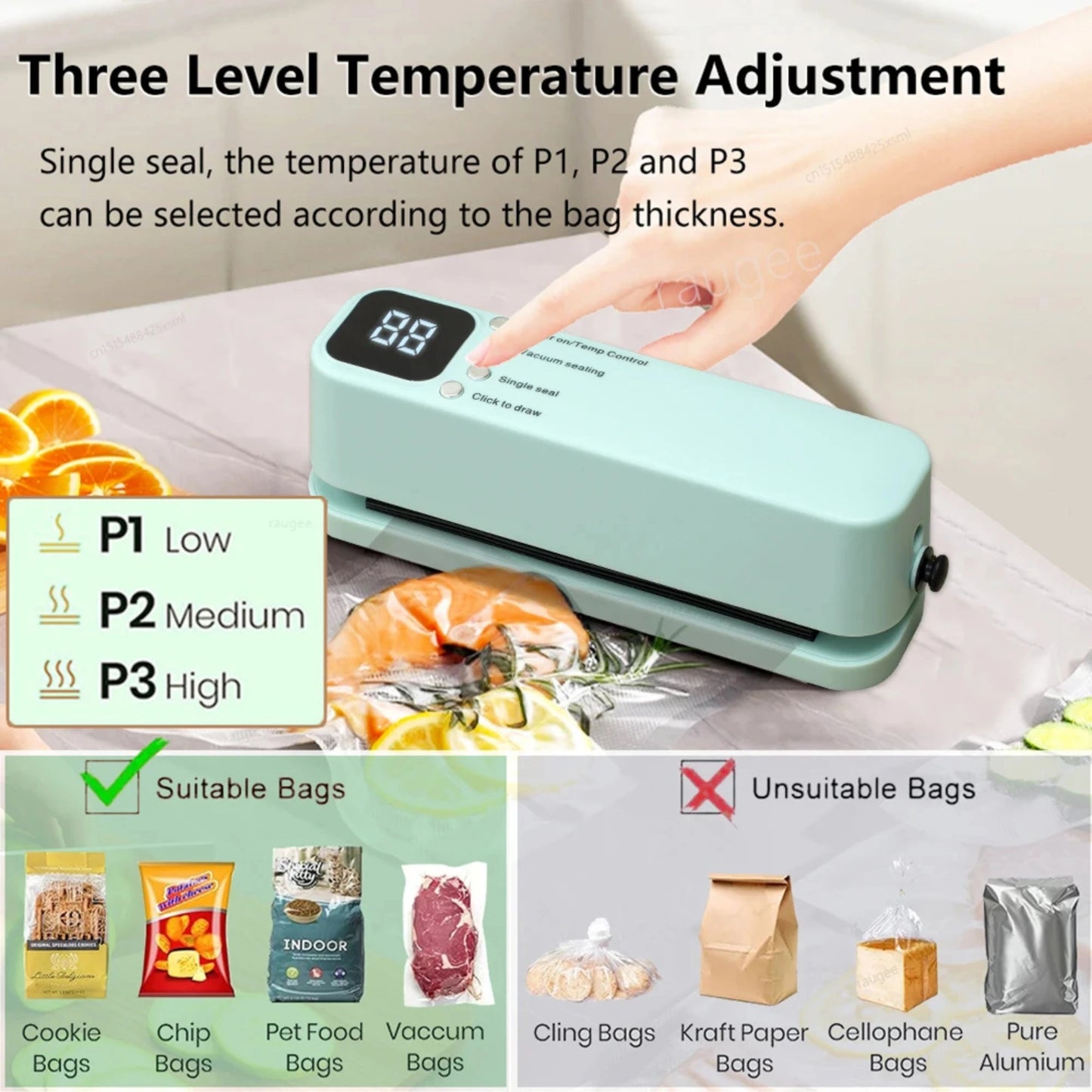 Vacuum sealer with digital display and temperature control, surrounded by food items and packaging types.