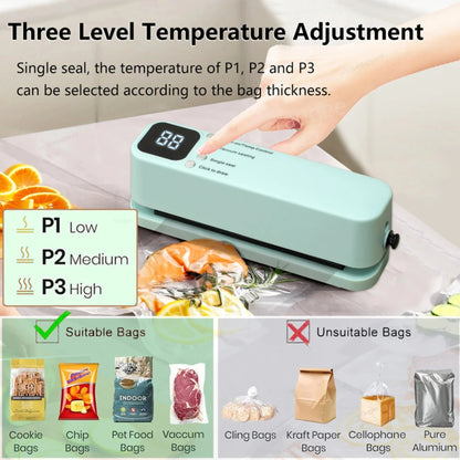 Vacuum sealer with digital display and temperature control, surrounded by food items and packaging types.