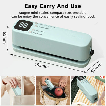 Portable food sealer with dimensions and usage examples on a white background