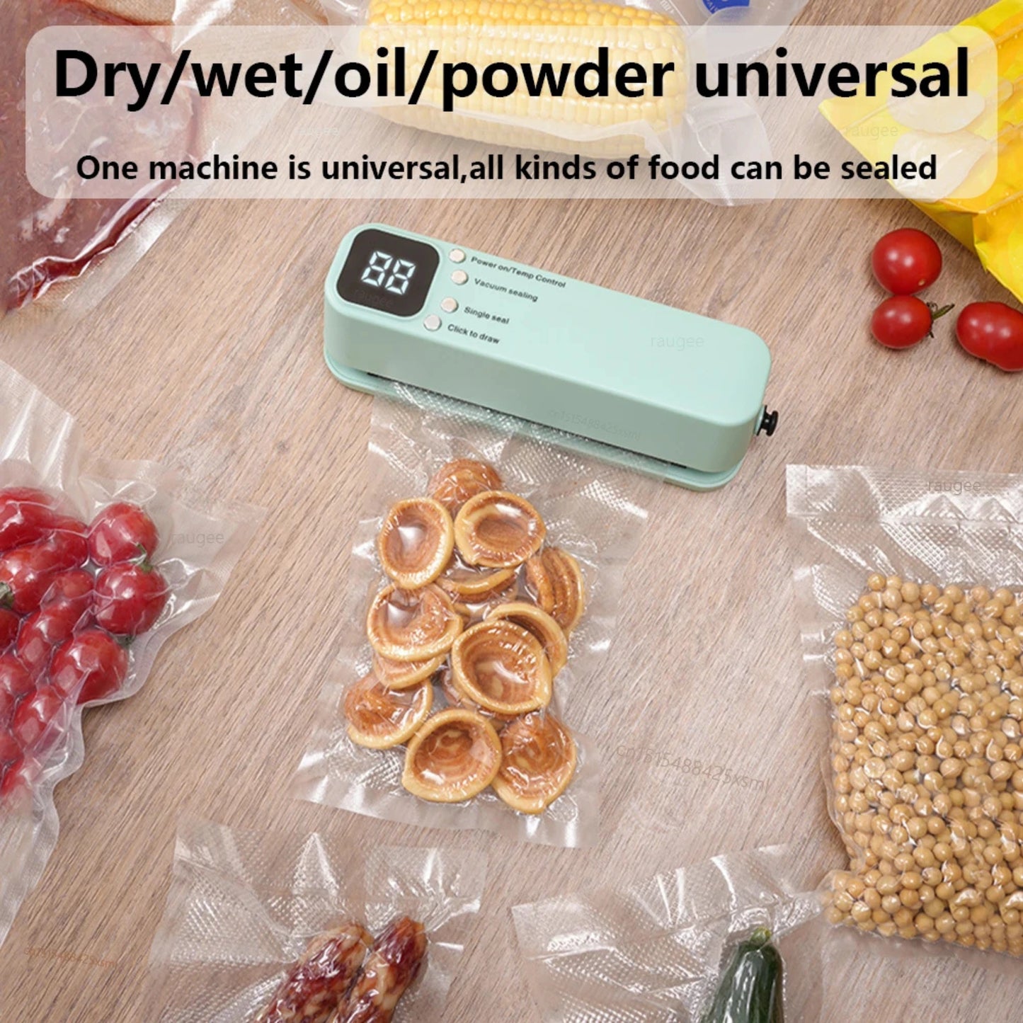 Vacuum sealer machine on a table with sealed food items including fruits, cookies, and grains.
