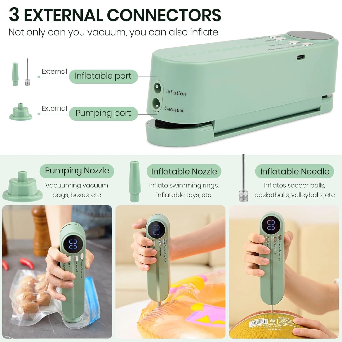 Green handheld vacuum with multiple connectors for pumping and inflating various items on a white background.