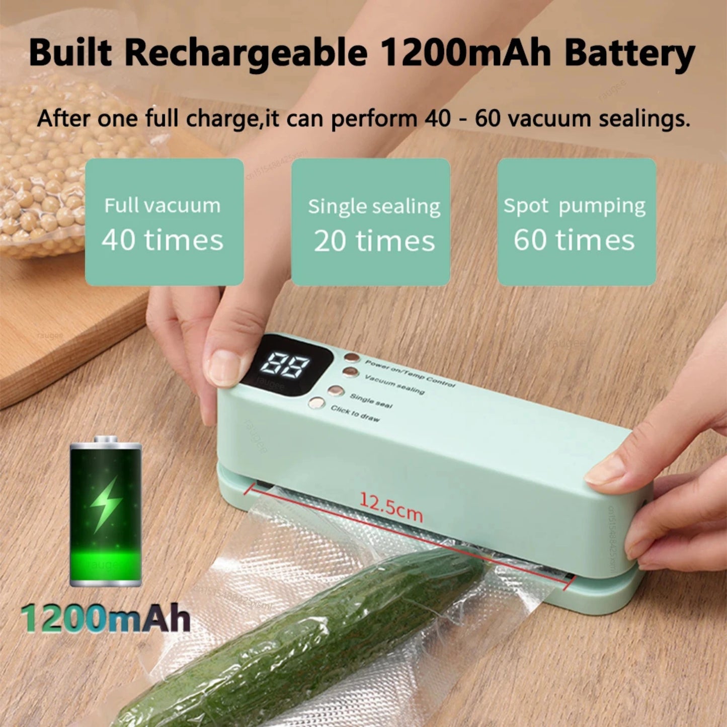 Vacuum sealer with a built-rechargeable 1200mAh battery, showing usage statistics and a cucumber being vacuum sealed.