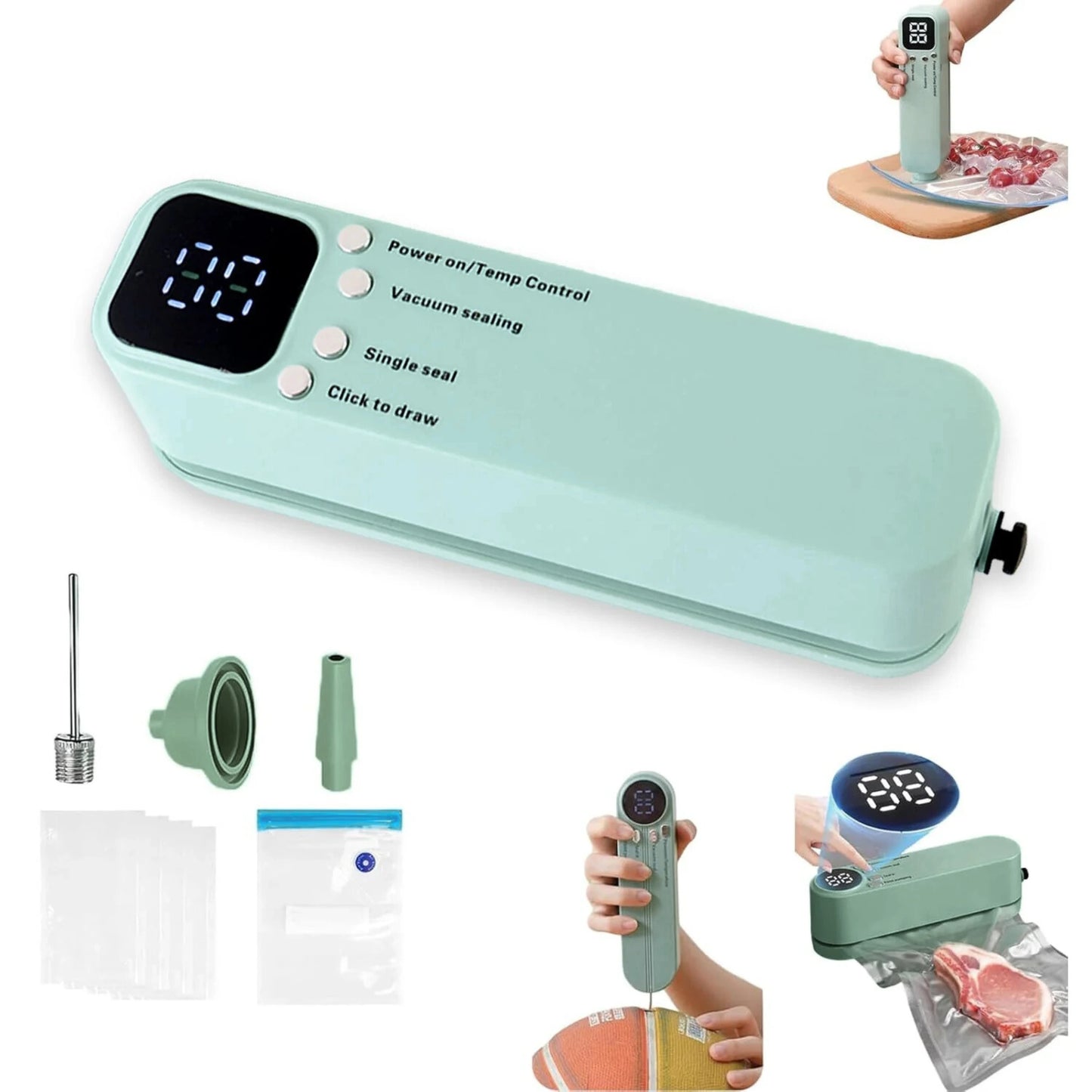 Vacuum sealer with digital display, attachments, and food packaging on a white background