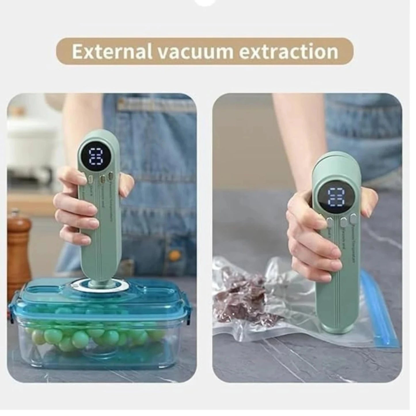Handheld vacuum sealer being used on food packaging with text 'External vacuum extraction'.