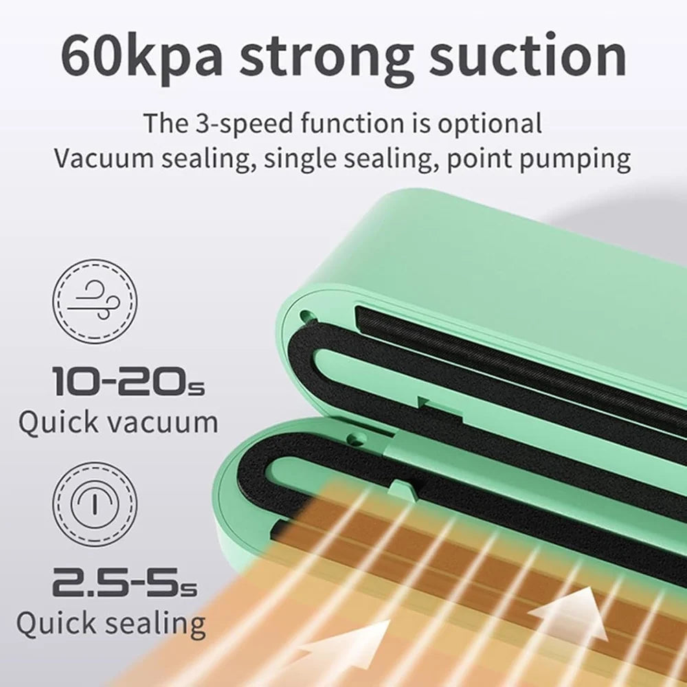 Green vacuum sealer being used on a guitar, with text about suction power and sealing functions.